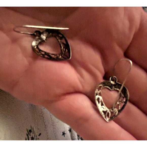 Sterling Silver 925 Cut Out Heart Vintage Dangle Earrings - Picture 3 of 9